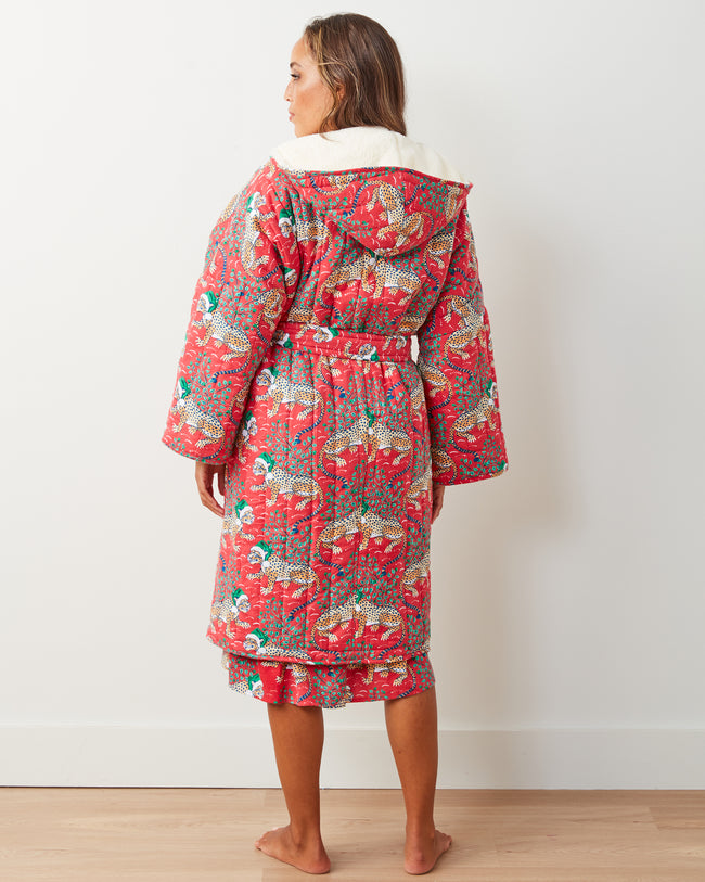 Holly Jolly Bagheera - Flannel Quilted Hooded Sherpa Robe - Ruby - Printfresh