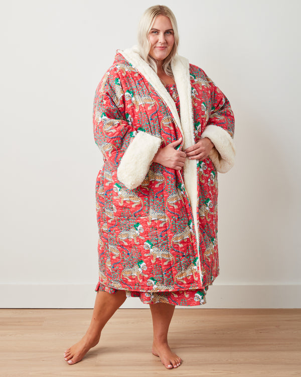 Holly Jolly Bagheera - Flannel Quilted Hooded Sherpa Robe - Ruby - Printfresh