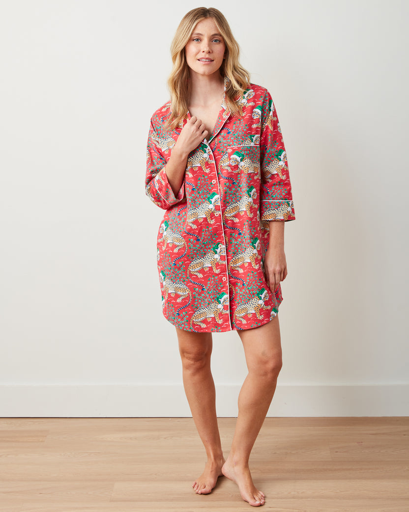 Holly Jolly Bagheera - Lightweight Flannel Sleep Shirt - Ruby - Printfresh