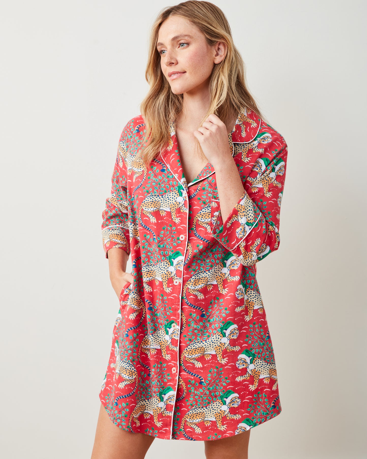 Holly Jolly Bagheera - Lightweight Flannel Sleep Shirt - Ruby - Printfresh