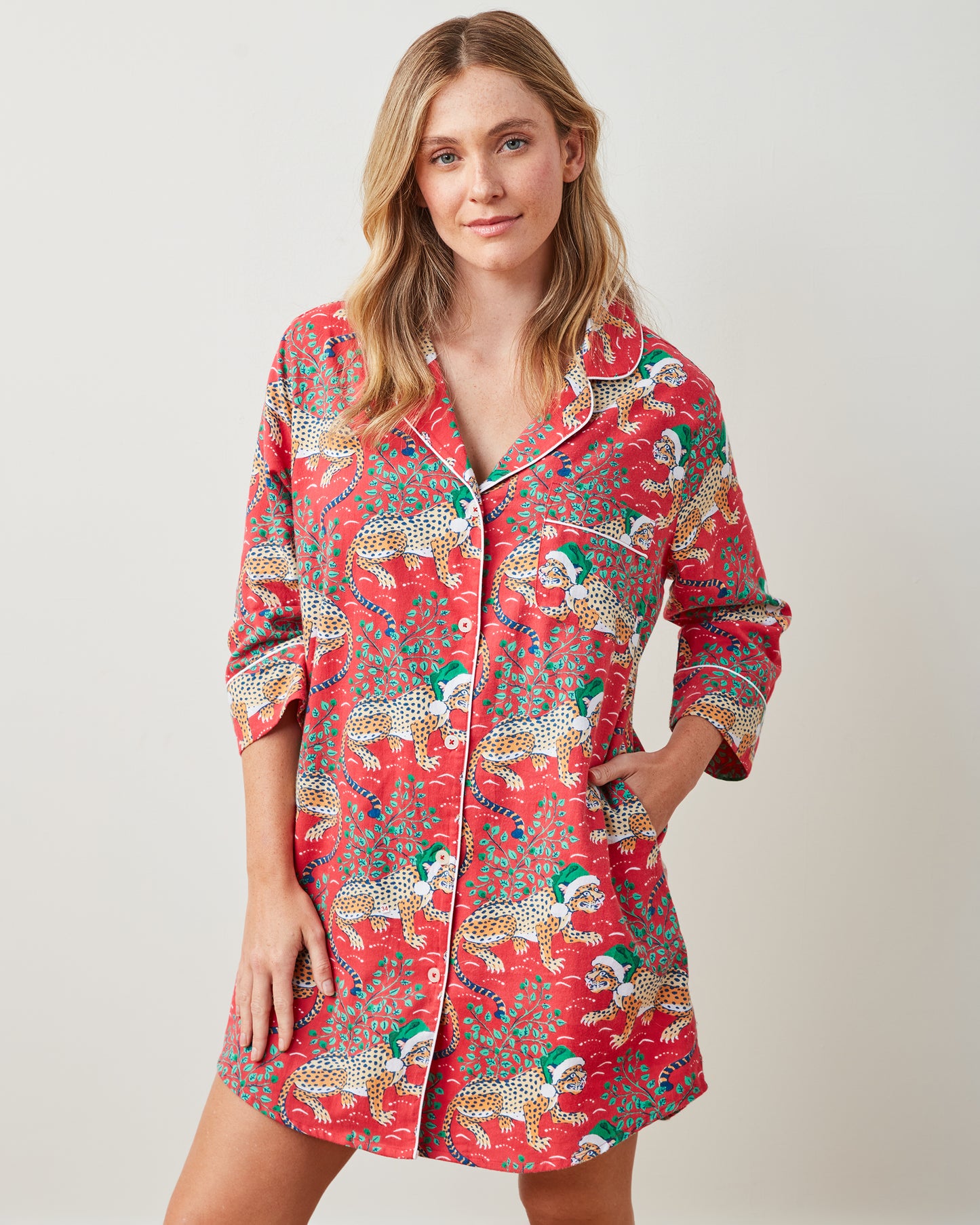 Holly Jolly Bagheera - Lightweight Flannel Sleep Shirt - Ruby - Printfresh