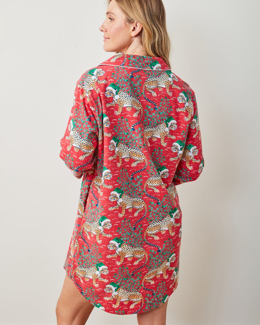 Holly Jolly Bagheera - Lightweight Flannel Sleep Shirt - Ruby - Printfresh