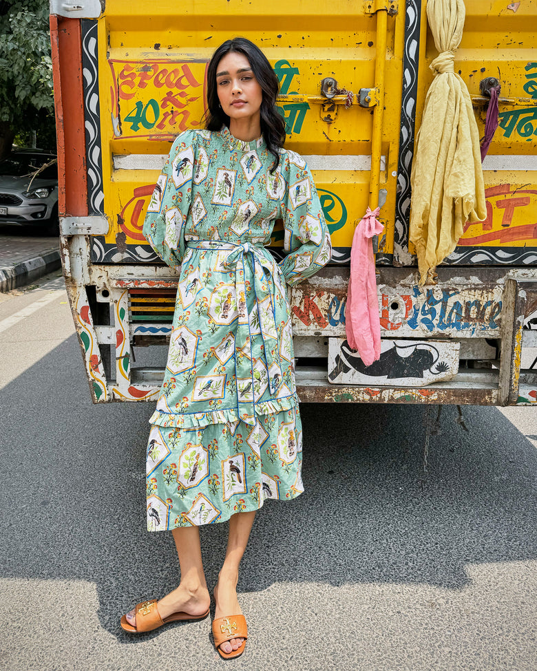 Organic Cotton 3/4 Sleeve Smocked High-Neck Midi Dress in Birds Of India | Women's XS | Green Organic Cotton 3/4 Sleeve Smocked High-Neck Midi Dress in Birds Of India | Women's XS | Green