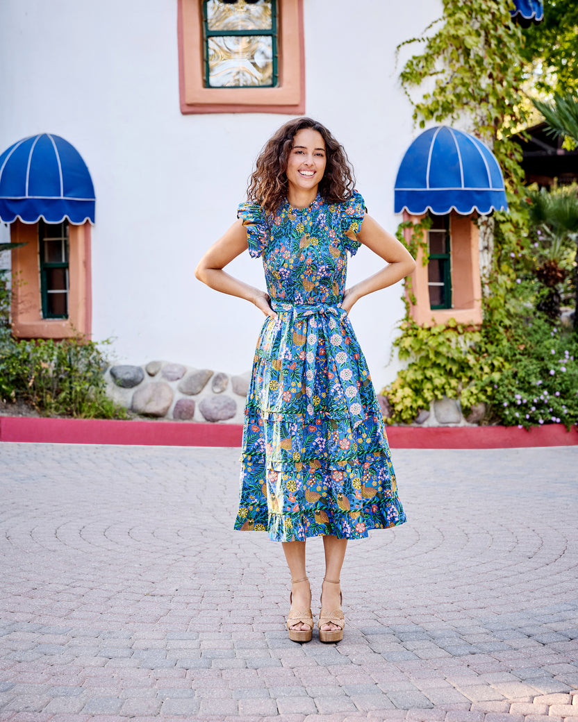 Organic Cotton Smocked Ruffle Sleeve Midi Dress with Pockets and Belt in Willow Wren | Women's M | Blue Spring Organic Cotton Smocked Ruffle Sleeve Midi Dress with Pockets and Belt in Willow Wren | Women's M | Blue Spring