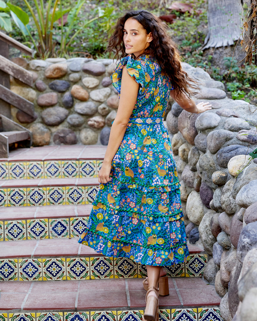 Organic Cotton Smocked Ruffle Sleeve Midi Dress with Pockets and Belt in Willow Wren | Women's M | Blue Spring Organic Cotton Smocked Ruffle Sleeve Midi Dress with Pockets and Belt in Willow Wren | Women's M | Blue Spring