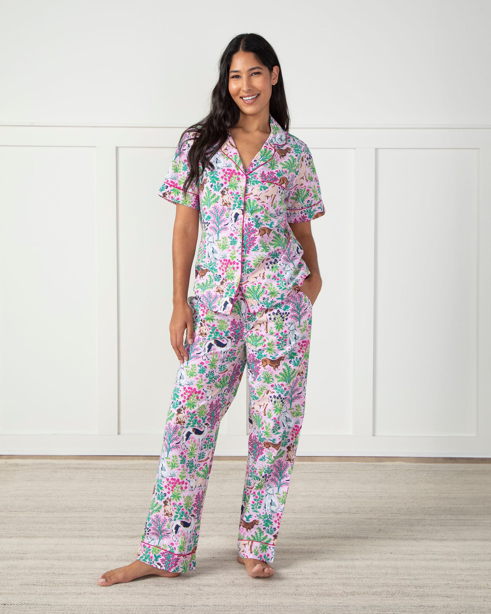 Must Love Dogs - Short Sleep Top & Long Pants Set - Pink Peony - Printfresh