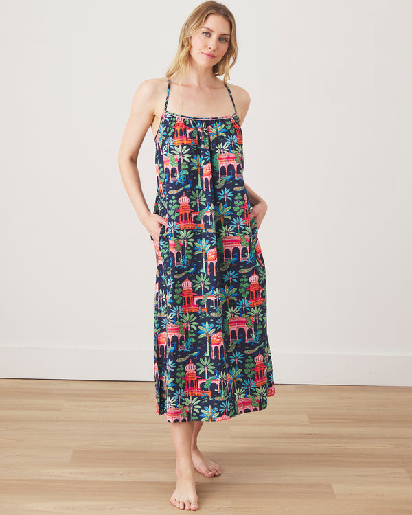 Peacock Palace - Midi Cami Nightgown - Deep Navy - Printfresh