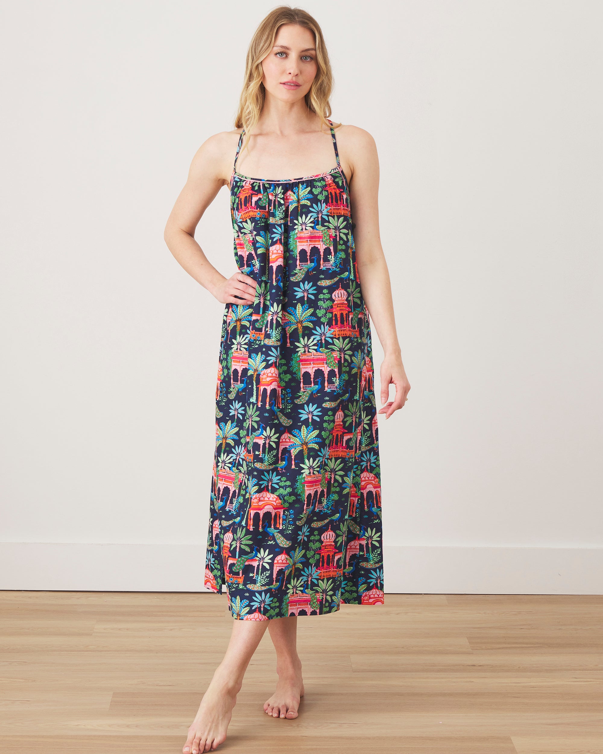 Peacock Palace - Midi Cami Nightgown - Deep Navy - Printfresh