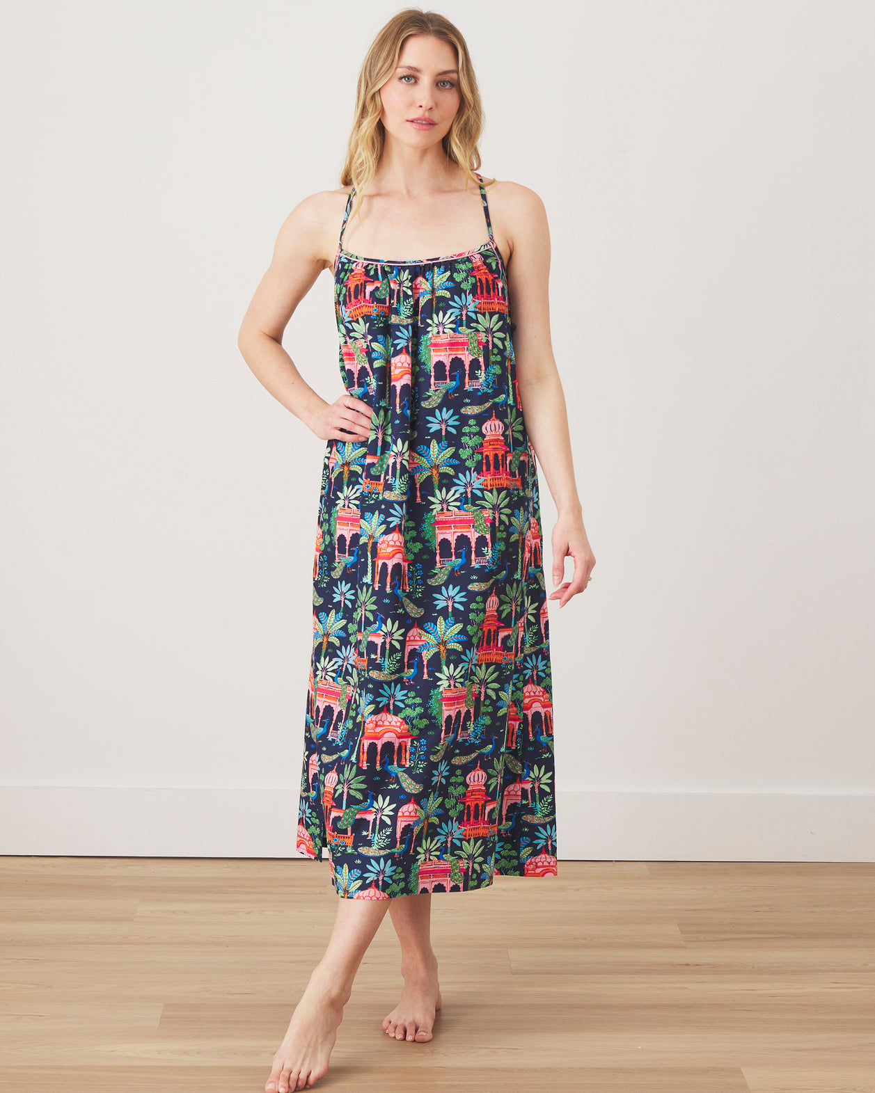 Peacock Palace - Midi Cami Nightgown - Deep Navy - Printfresh