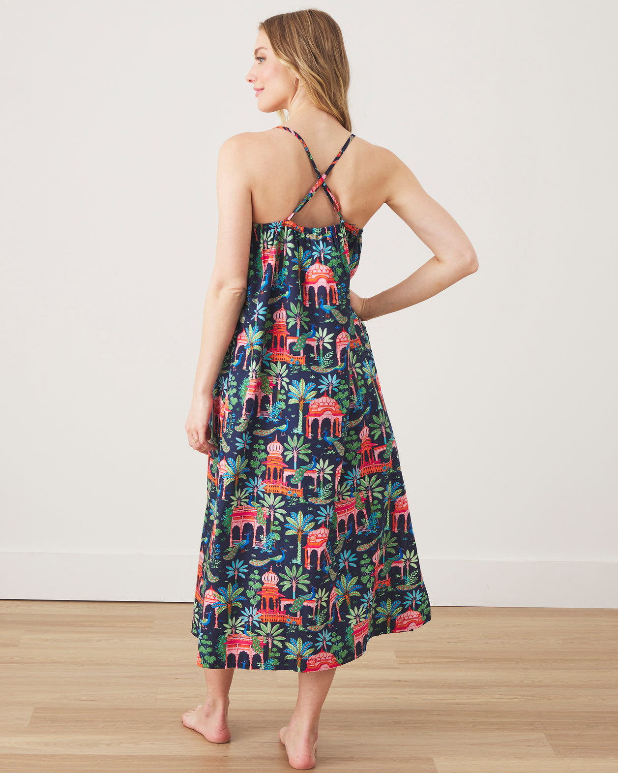 Peacock Palace - Midi Cami Nightgown - Deep Navy - Printfresh