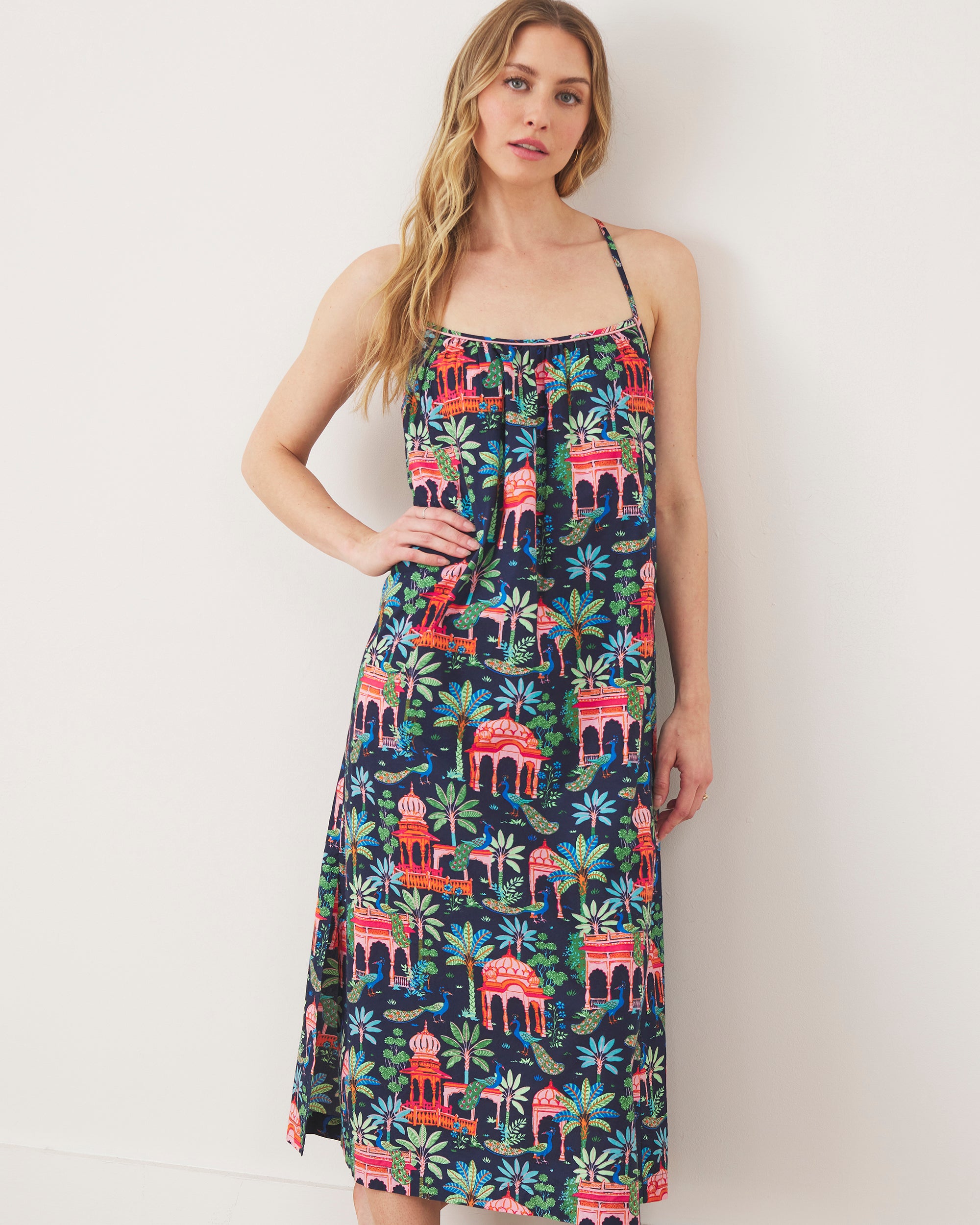 Peacock Palace - Midi Cami Nightgown - Deep Navy - Printfresh