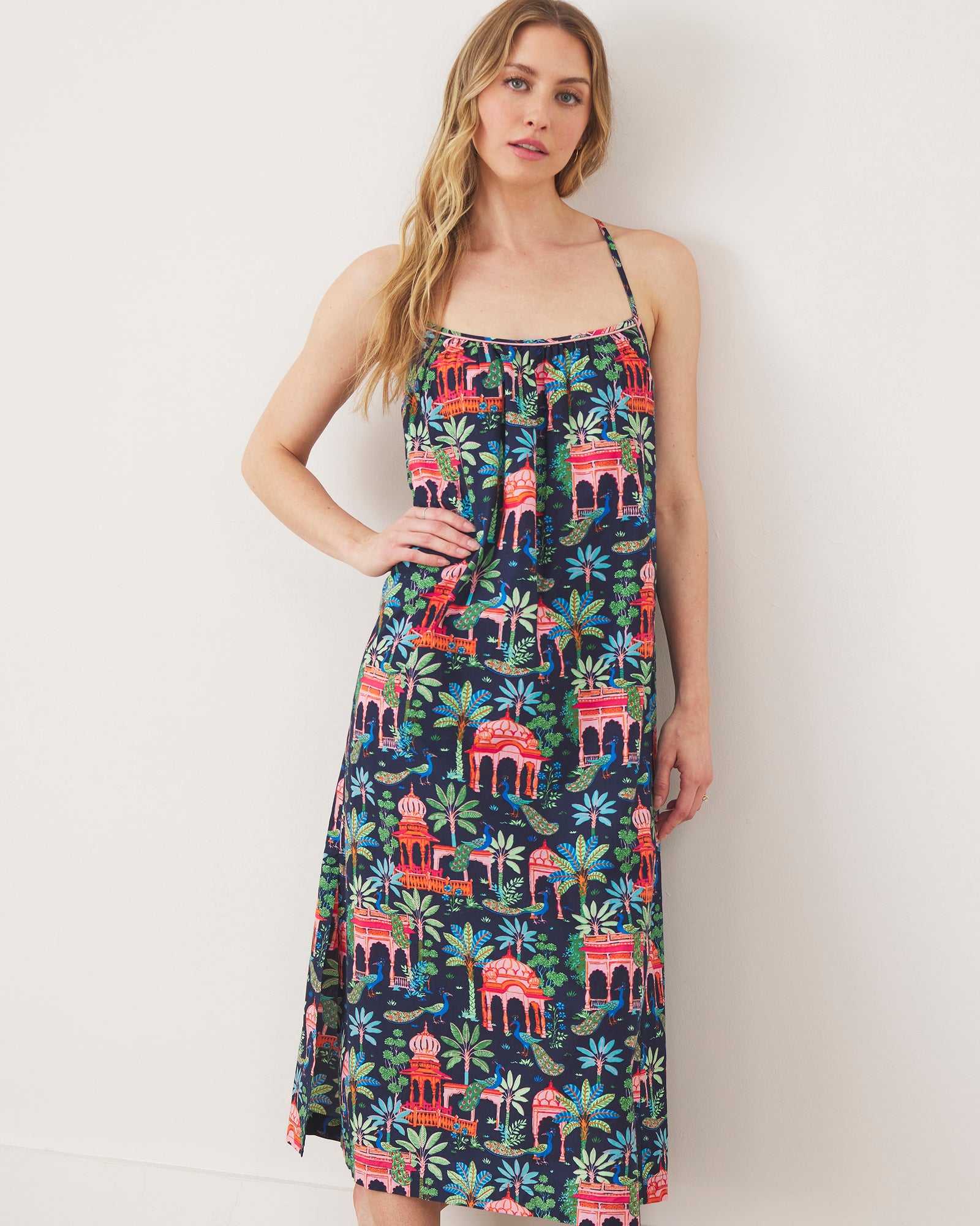 Peacock Palace - Midi Cami Nightgown - Deep Navy - Printfresh