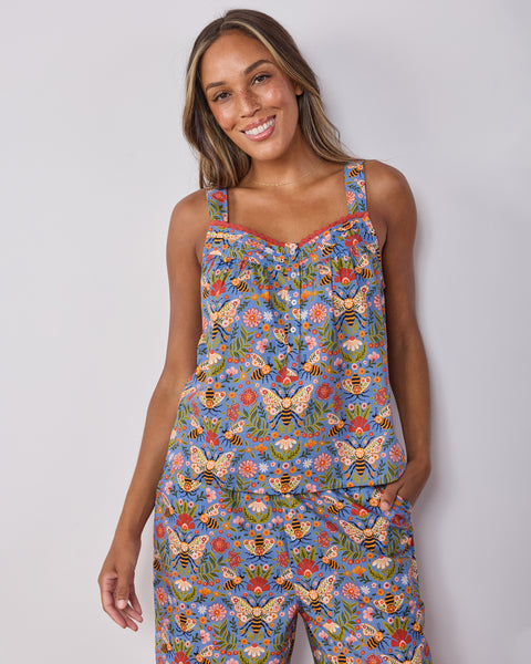 Bee Tapestry - Back To Bed Cropped Pant Set - Delphinium Blue
