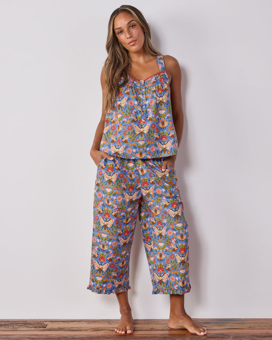 Bee Tapestry - Back To Bed Cropped Pant Set - Delphinium Blue