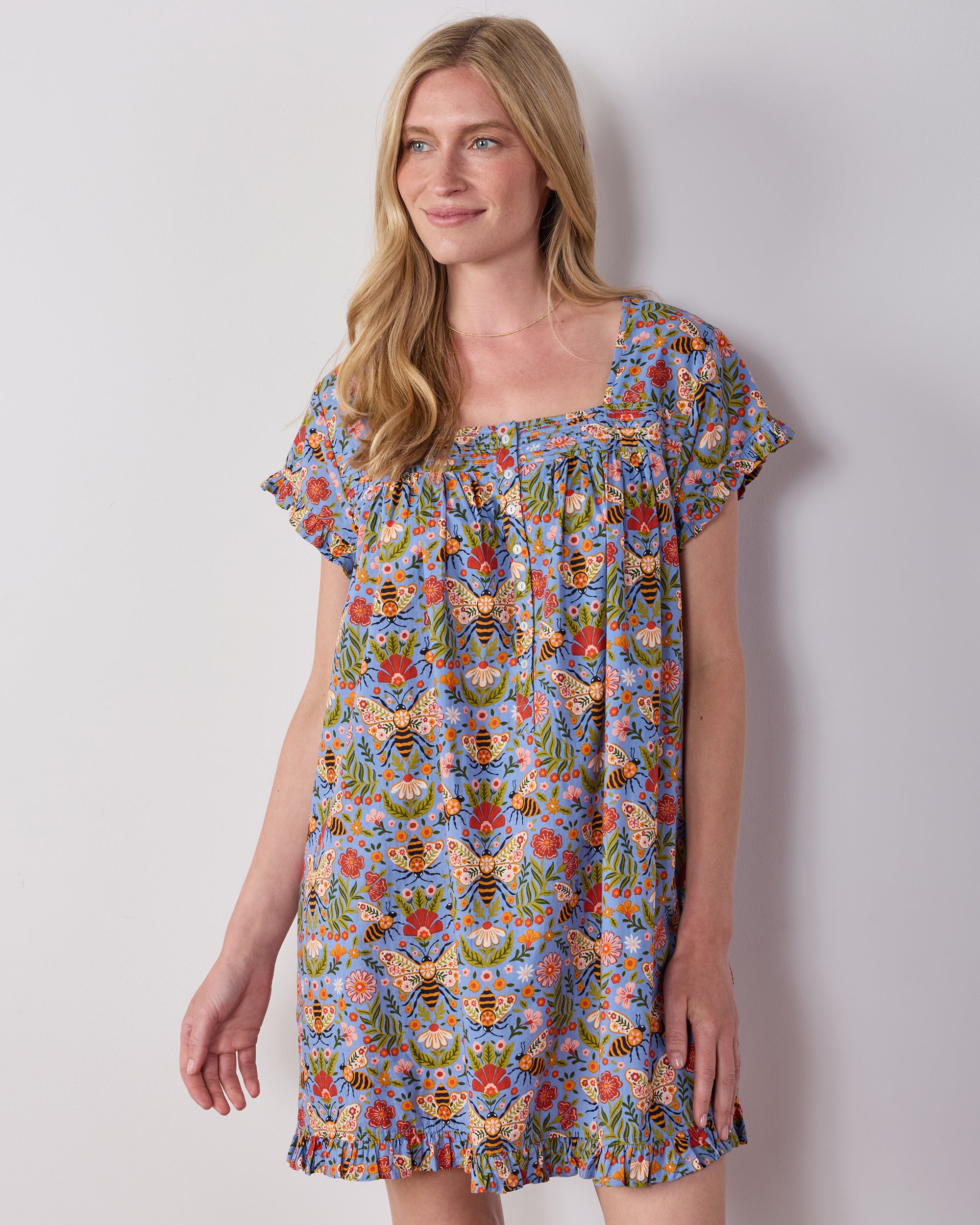 Bee Tapestry - Pintuck Nightgown - Delphinium Blue – Printfresh
