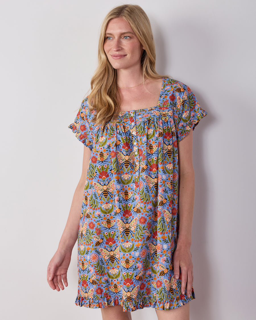 Bee Tapestry - Pintuck Nightgown - Delphinium Blue