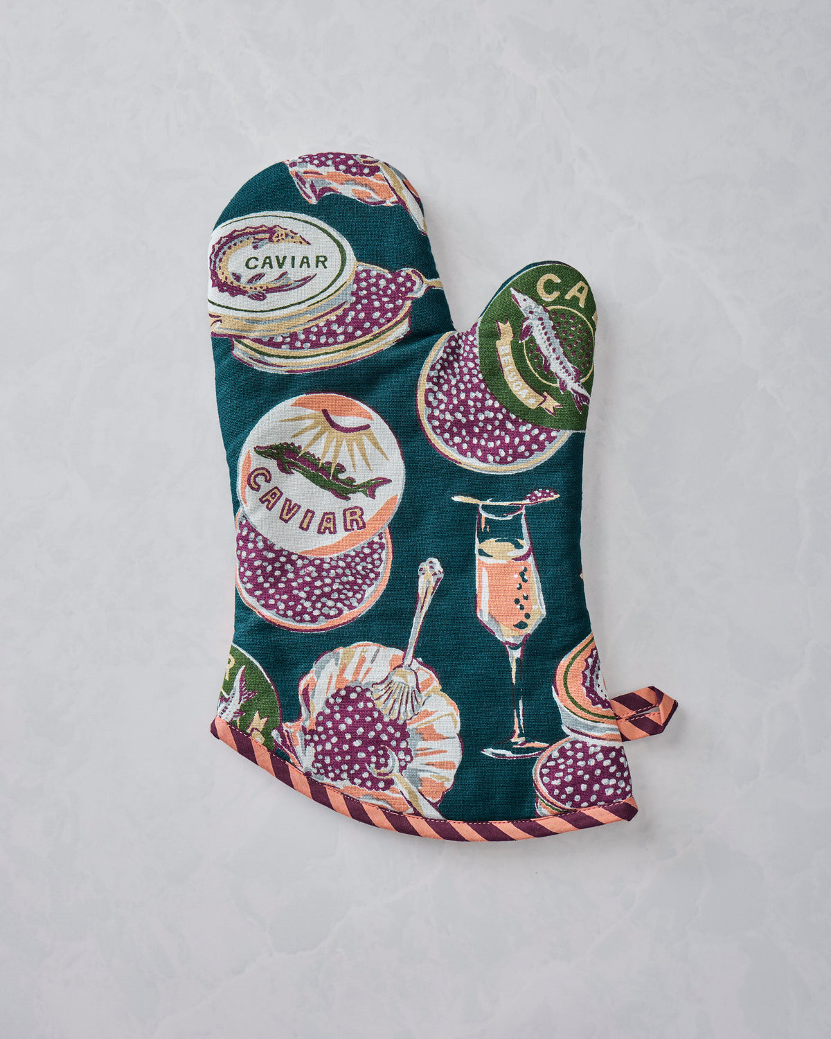 Peacock-feather oven mitt with a Champagne & Caviar print, shown from the front.