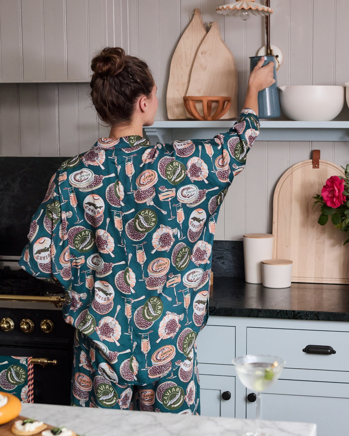 Back view of the Champagne & Caviar Petite Eco Satin Stevie pajama set in Peacock Feather print, showing the back of the relaxed top and matching pants.
