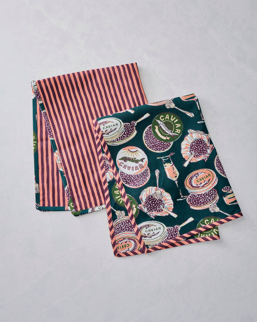 Champagne & Caviar - Set of 2 Tea Towels - Peacock Feather