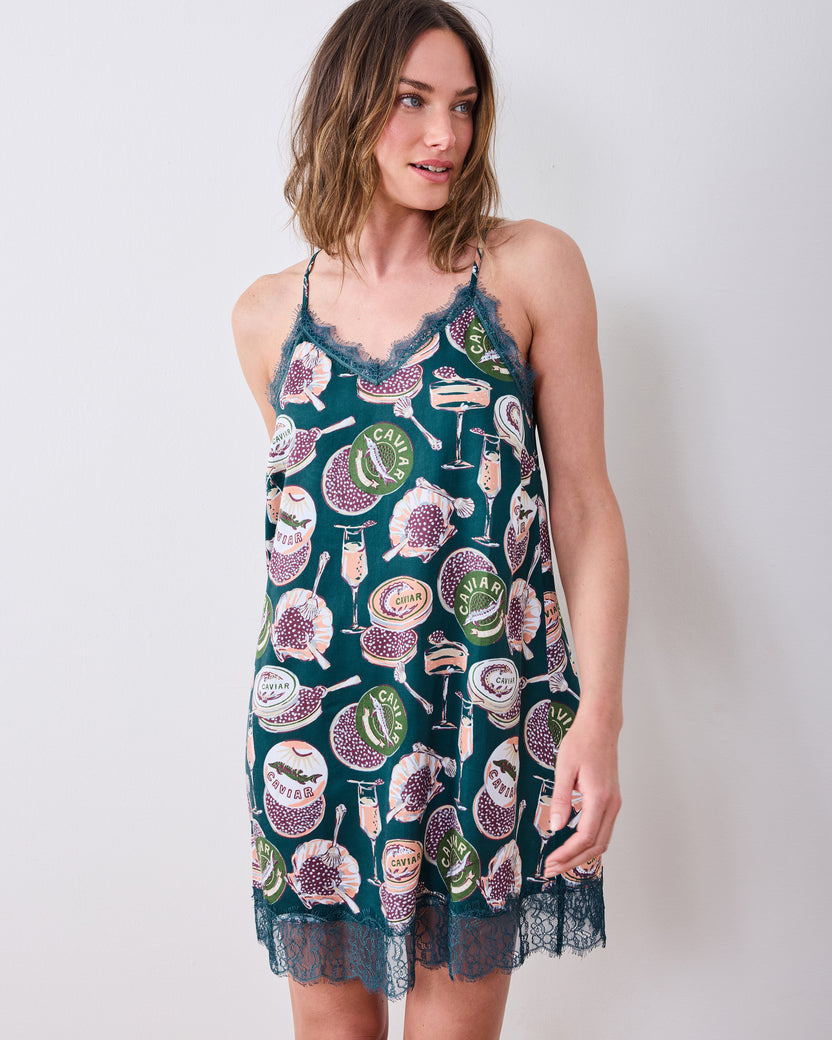 Champagne & Caviar - Eco Satin Aimee Nightie - Peacock Feather
