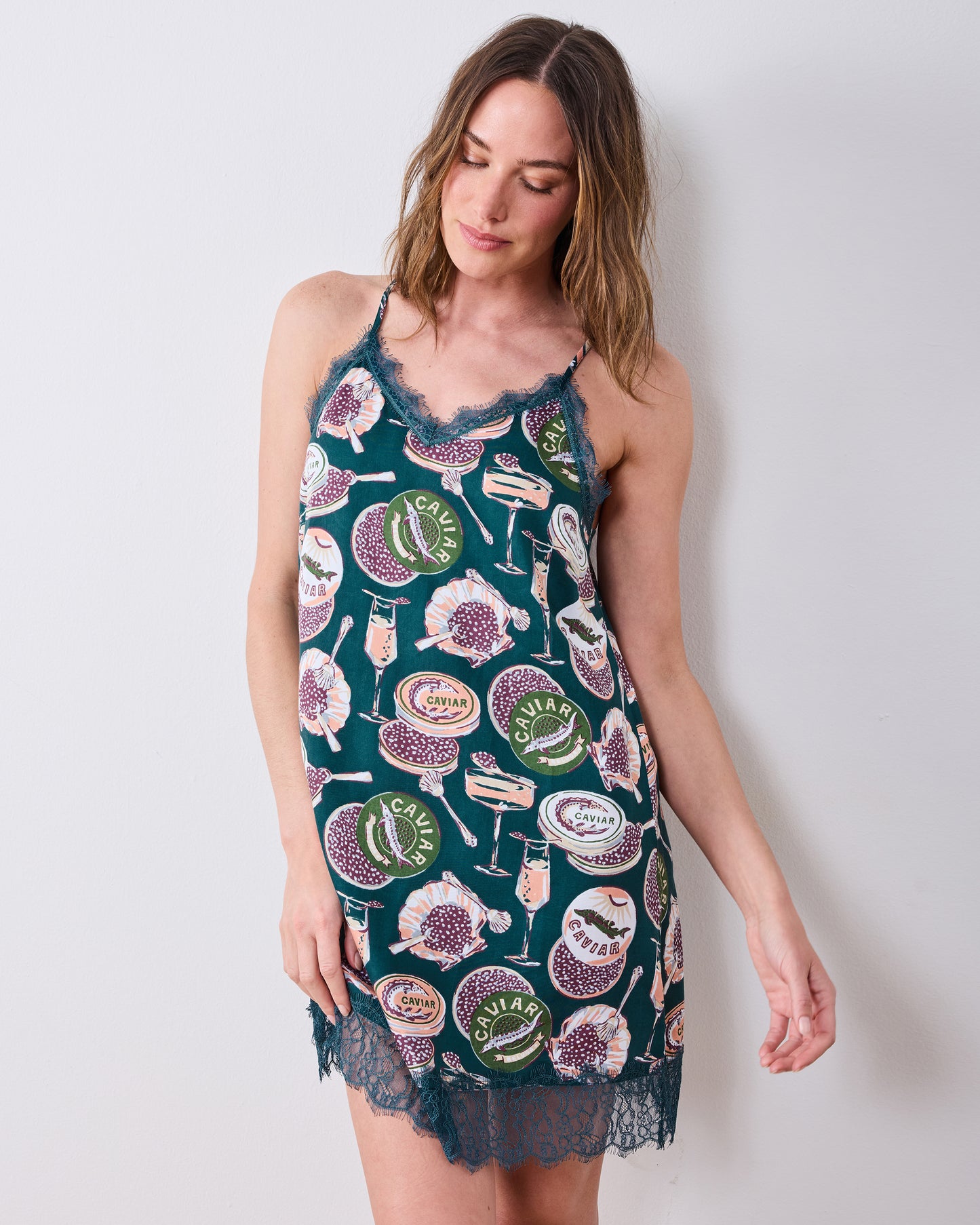 Champagne & Caviar - Eco Satin Aimee Nightie - Peacock Feather