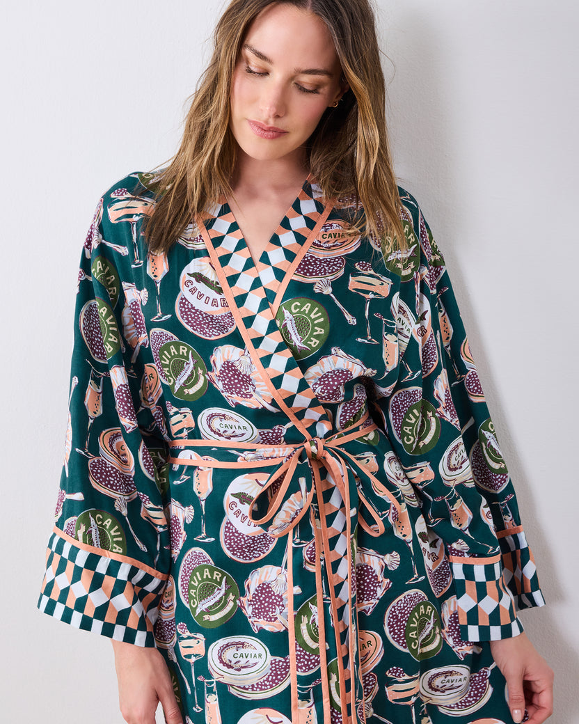 Champagne & Caviar - Eco Satin Robe - Peacock Feather