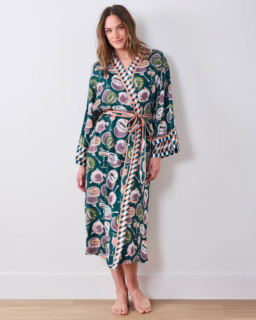 Champagne & Caviar - Eco Satin Robe - Peacock Feather