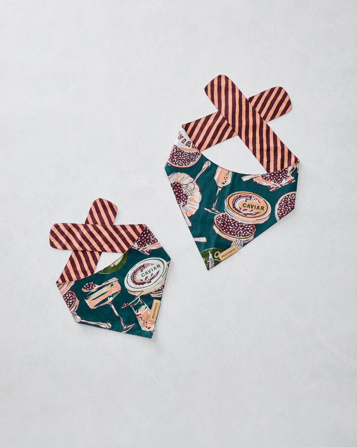Two Champagne & Caviar pet bandanas displayed flat, showing teal printed fronts and striped tie straps.