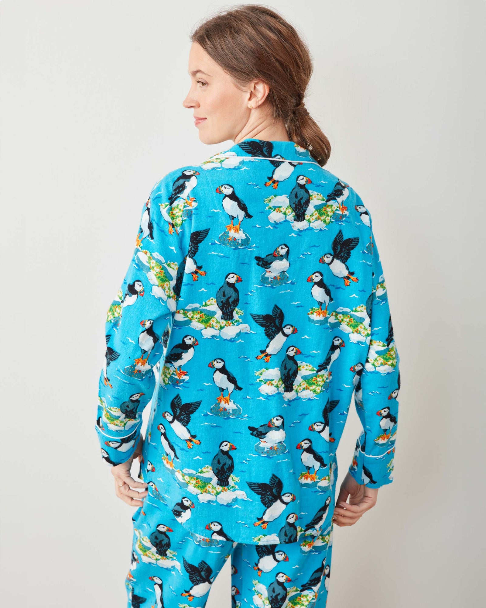 Playful Puffins - Midweight Flannel Long PJ Set - Bright Blue - Printfresh