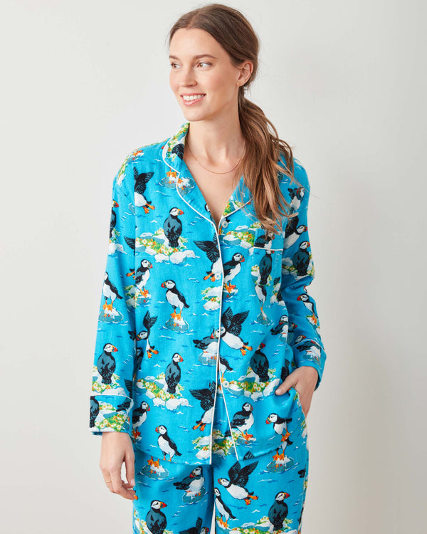 Playful Puffins - Midweight Flannel Long PJ Set - Bright Blue - Printfresh