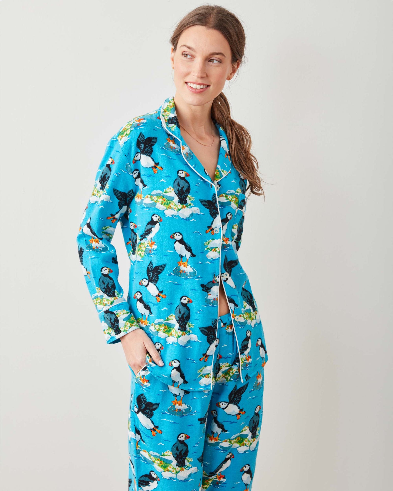 Playful Puffins - Midweight Flannel Long PJ Set - Bright Blue - Printfresh