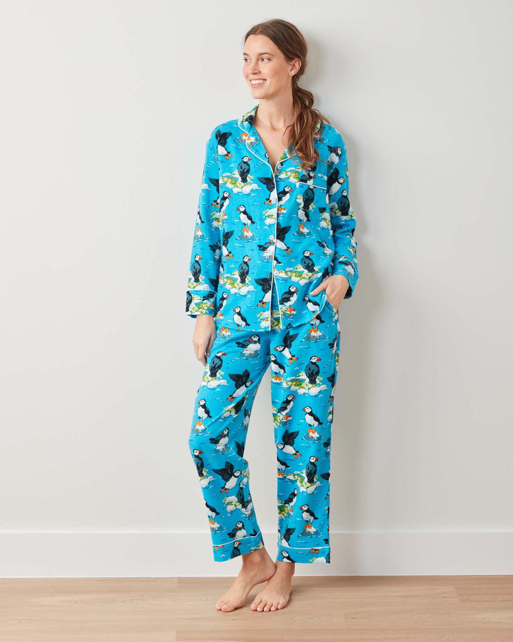 Playful Puffins - Midweight Flannel Long PJ Set - Bright Blue - Printfresh