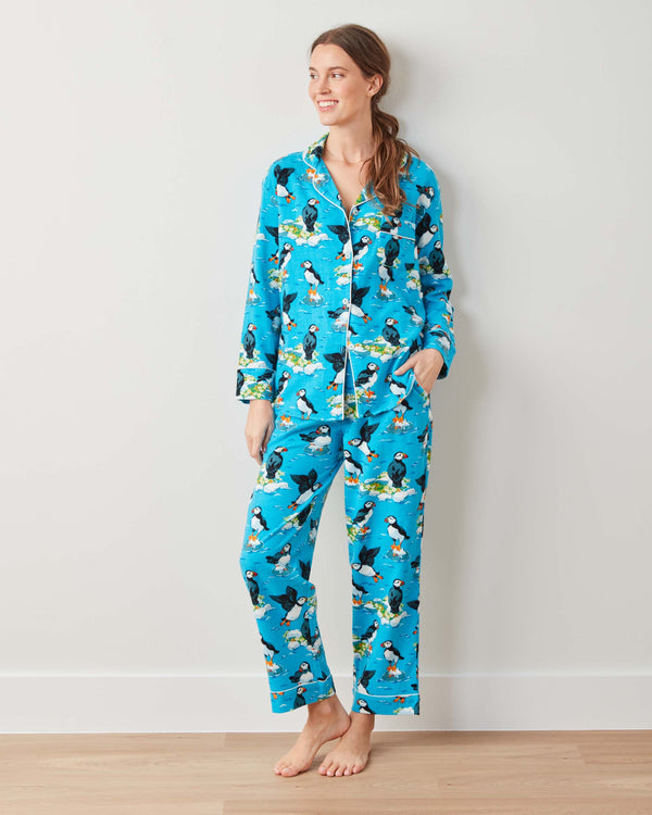 Playful Puffins - Midweight Flannel Long PJ Set - Bright Blue - Printfresh