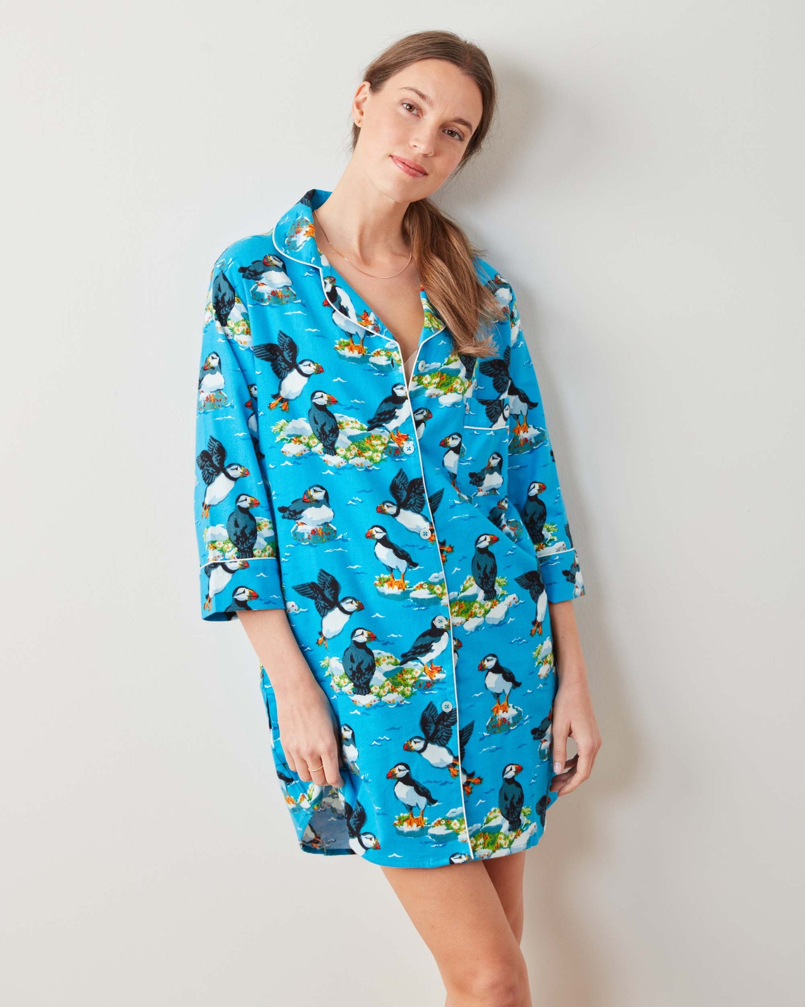 Playful Puffins - Midweight Flannel Sleep Shirt - Bright Blue - Printfresh