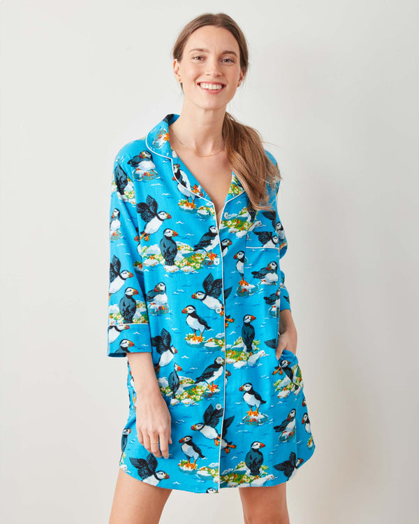 Playful Puffins - Midweight Flannel Sleep Shirt - Bright Blue - Printfresh