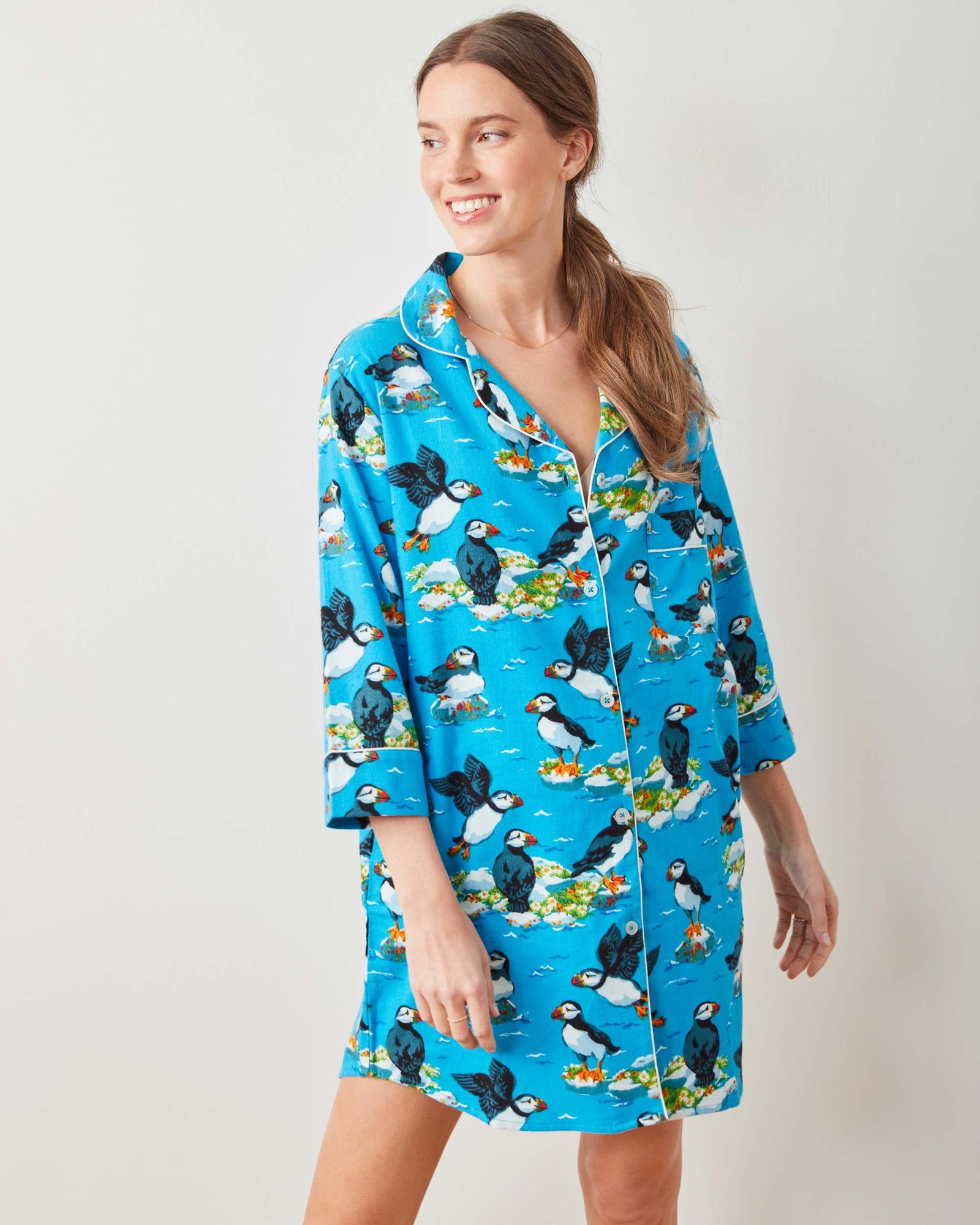 Playful Puffins - Midweight Flannel Sleep Shirt - Bright Blue - Printfresh