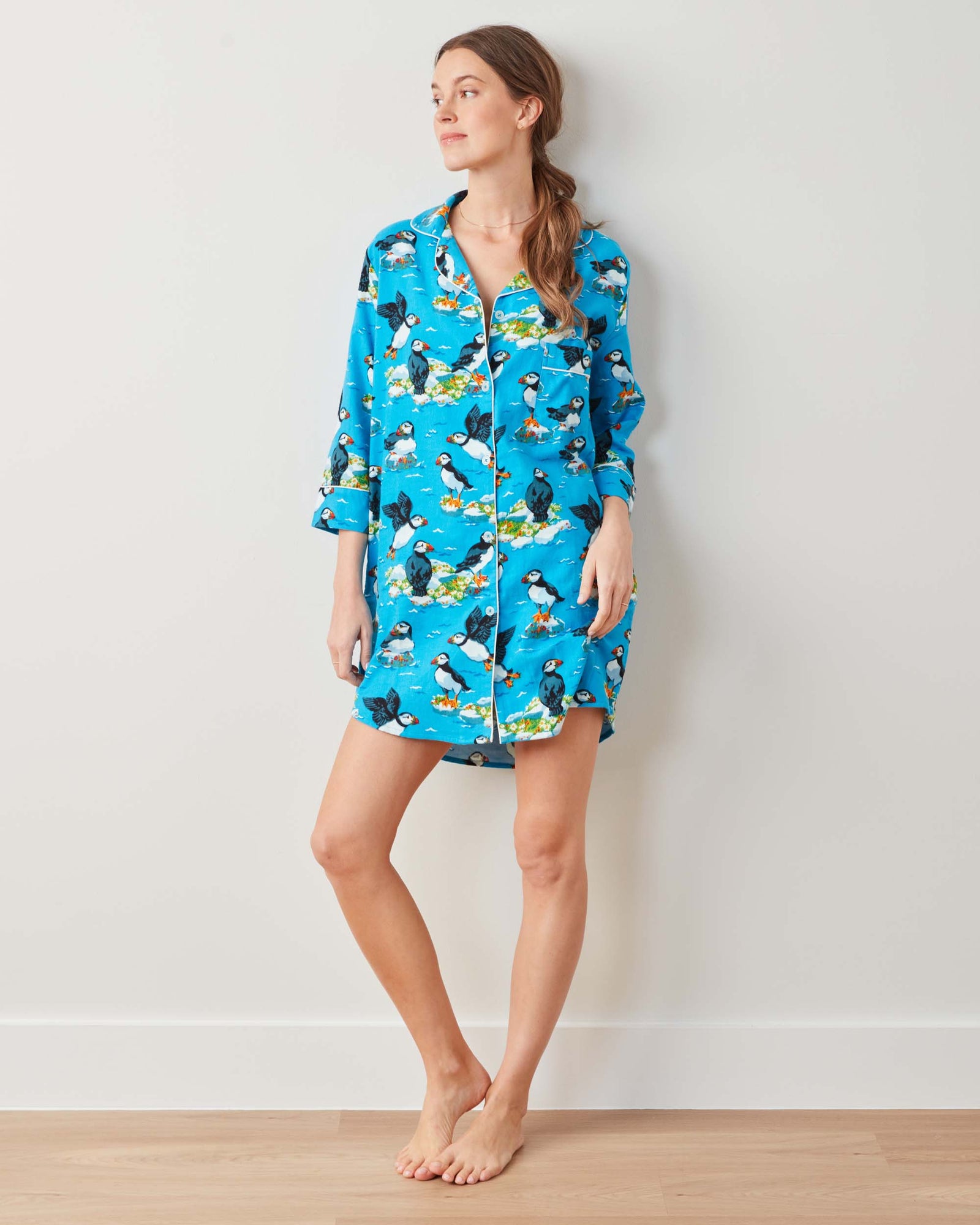 Playful Puffins - Midweight Flannel Sleep Shirt - Bright Blue - Printfresh