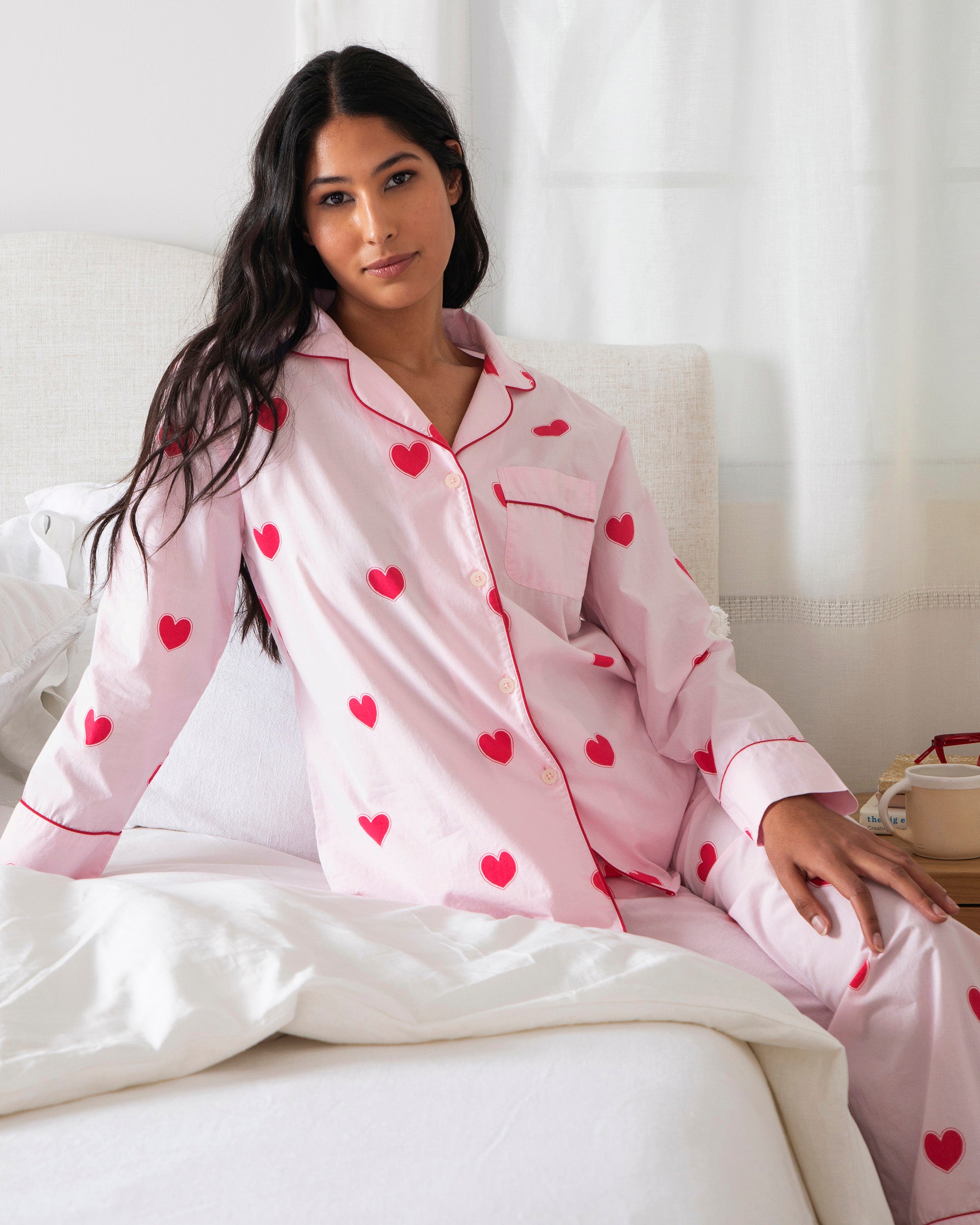 Pink Heart Print Lingerie Sleep And Lounge Pajama Set For Women