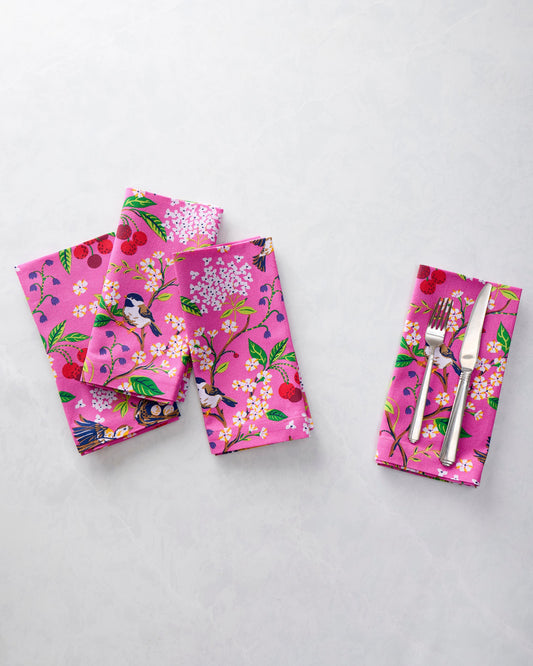Bird & Blossom - Print Napkins Set of 4 - Fuschia Berry - Printfresh