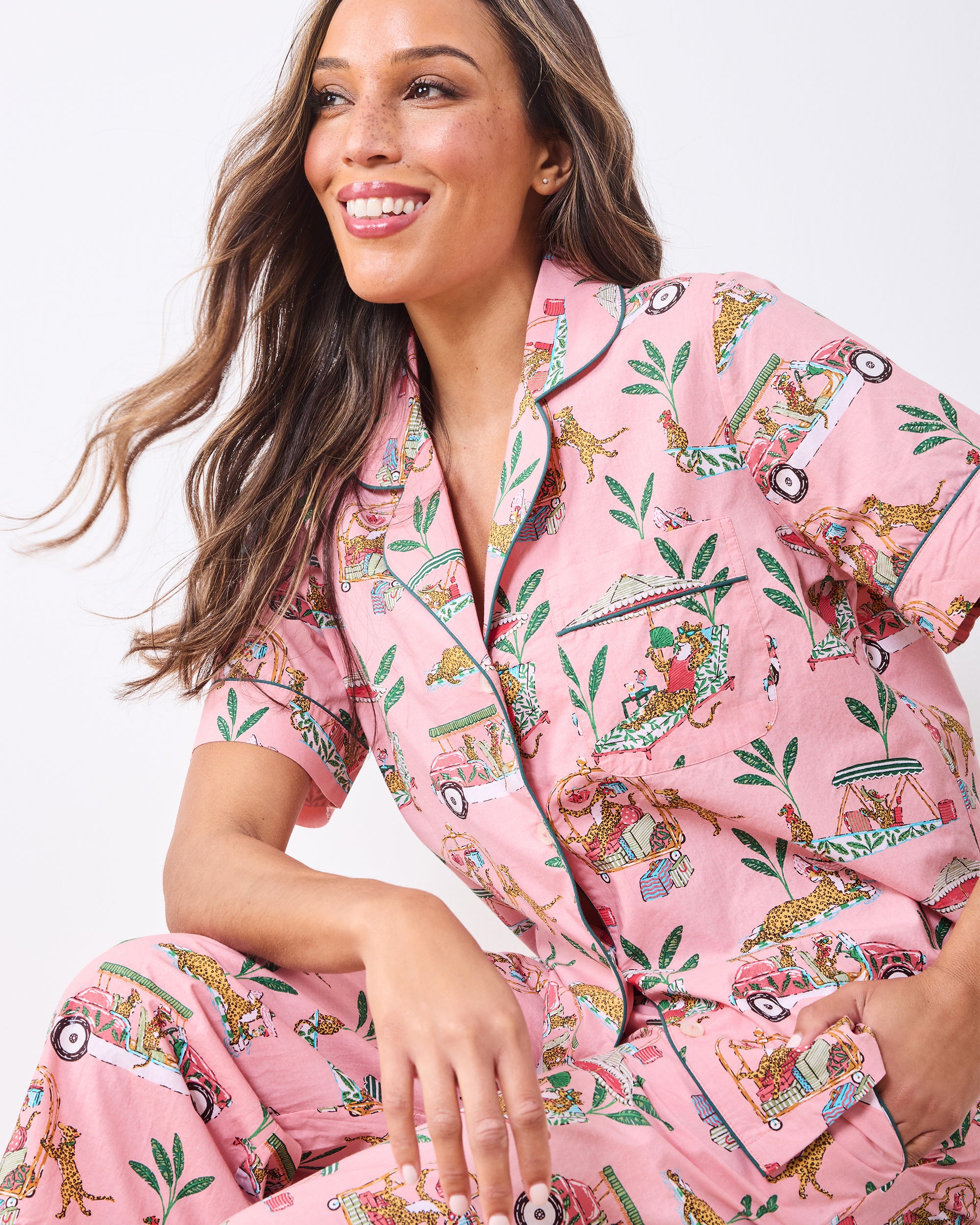 Cabana Cats - Short Sleeve Top & Cropped Pants Set - Peach