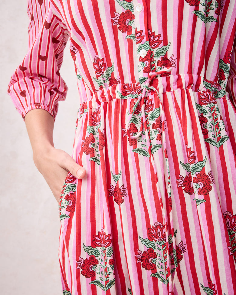 red and white striped dress zara Cotton Short-Sleeve Buttondown Midi Dress in Carnation Stripes | Women's XS