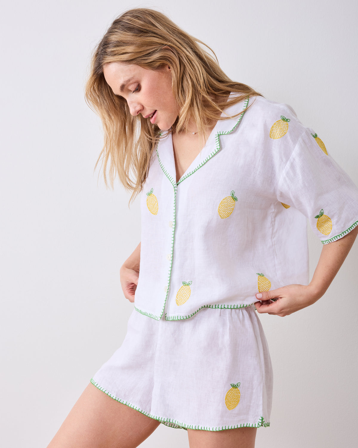 Embroidered Lemon Drop - Linen Sweet Dreams Set - Cloud - Printfresh