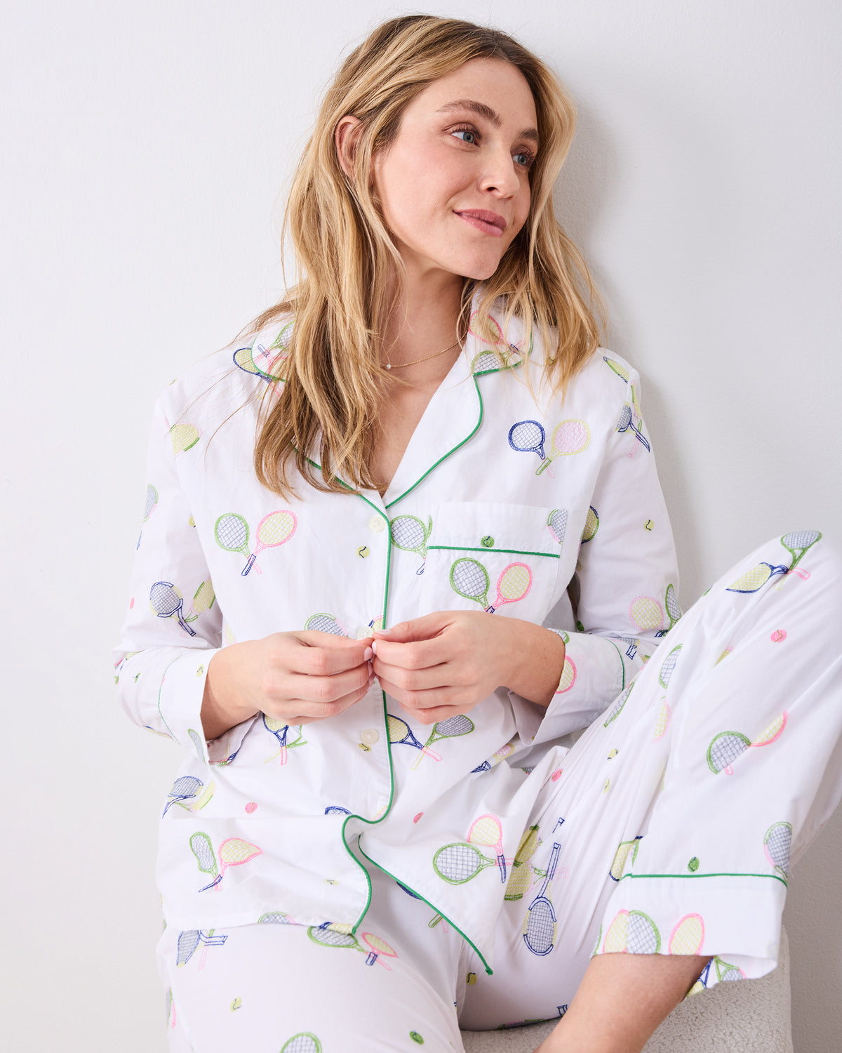 Embroidered Tennis Club - Long PJ Set - Cloud - Printfresh