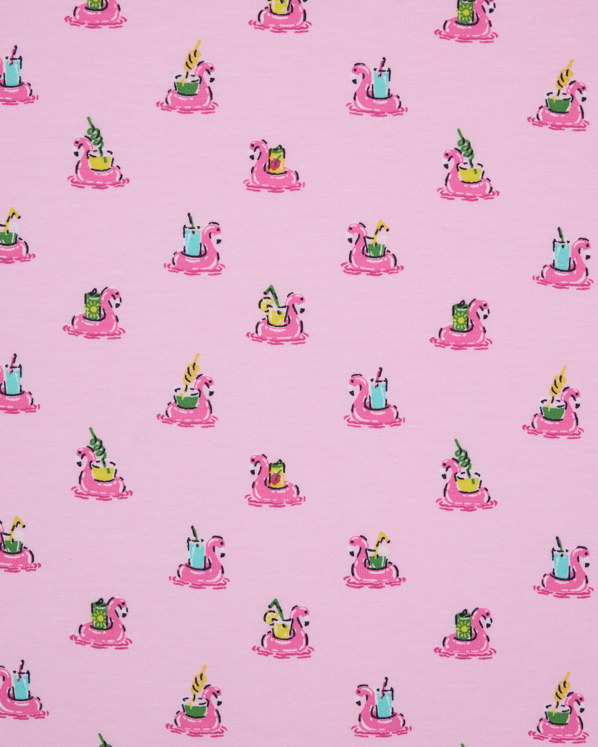 Close-up of the pink Flamingo Floaties print with flamingo pool floats holding colorful drinks