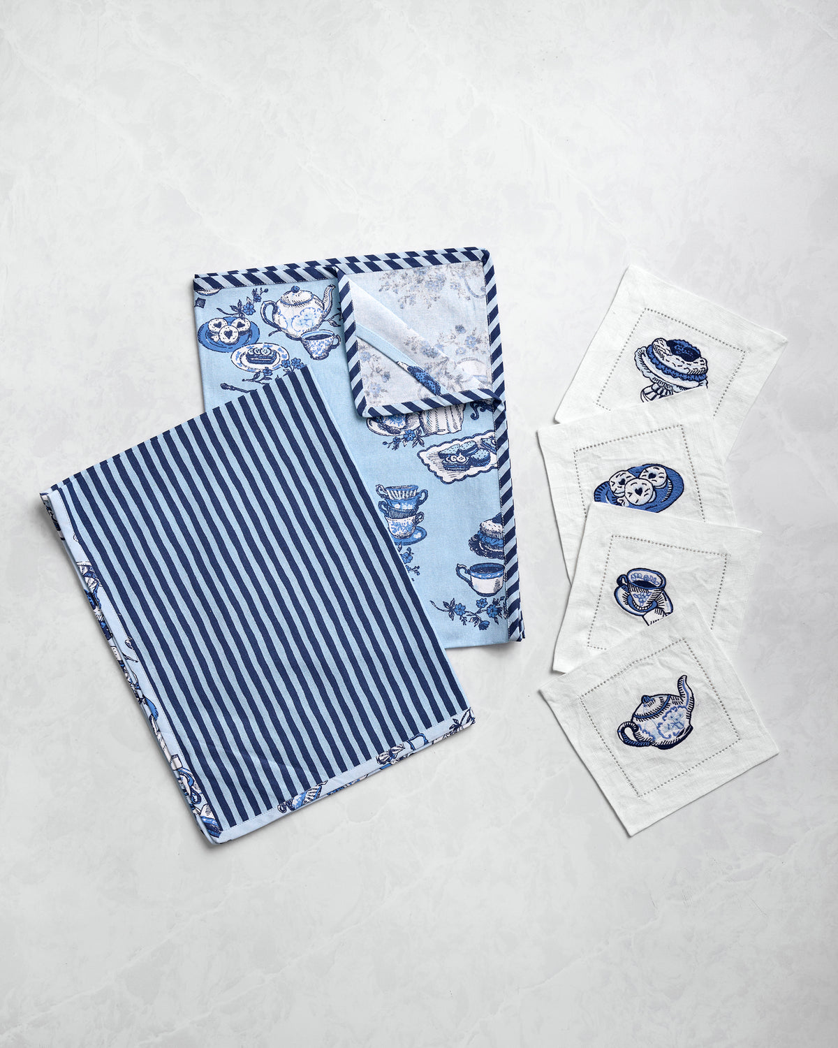 High Tea Toile - Tea Towels & Cocktail Napkins Bundle - Notting Hill Blue - Printfresh
