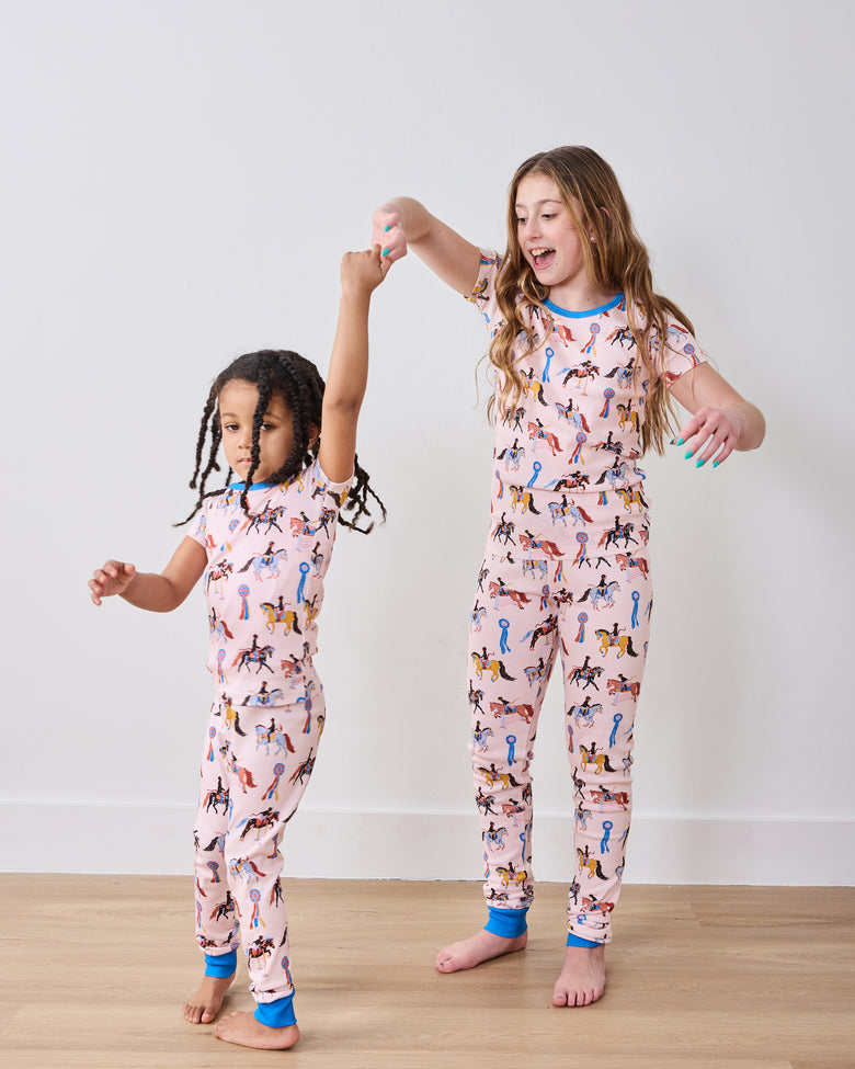 Horse Show - Kids Organic Pima Short Sleeve PJ Set - Pale Peach - Printfresh