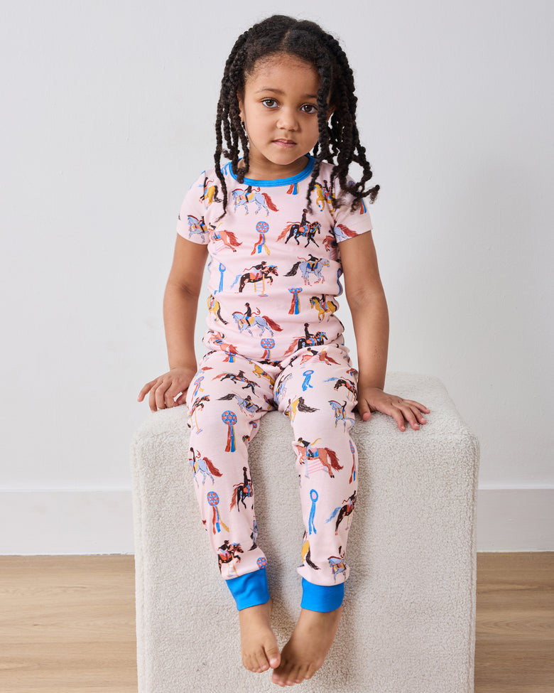 Horse Show - Kids Organic Pima Short Sleeve PJ Set - Pale Peach - Printfresh