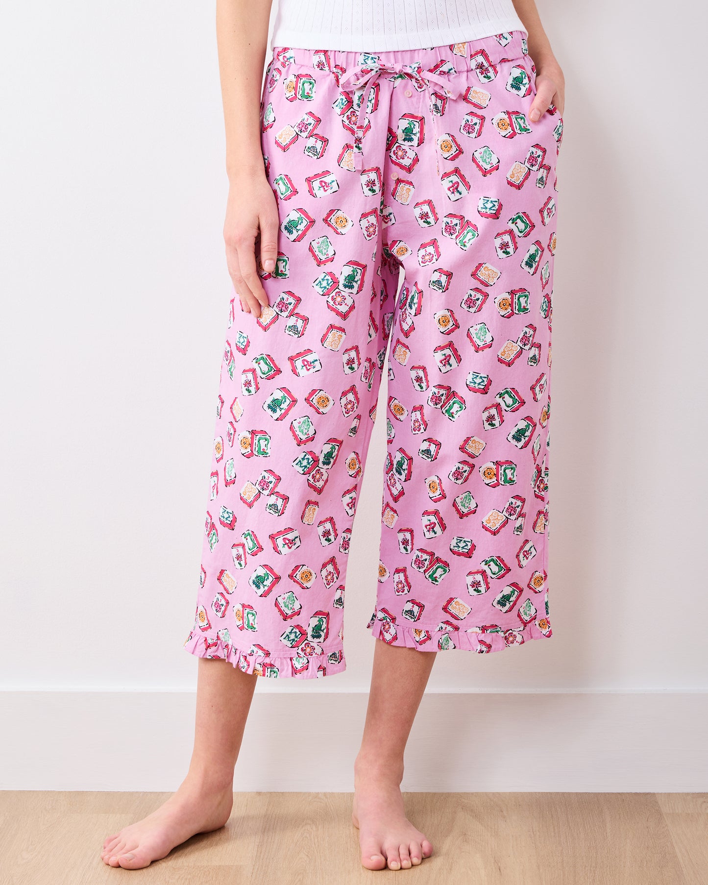 Lucky Tiles - Ruffle Cropped Pants - Peony Pink - Printfresh