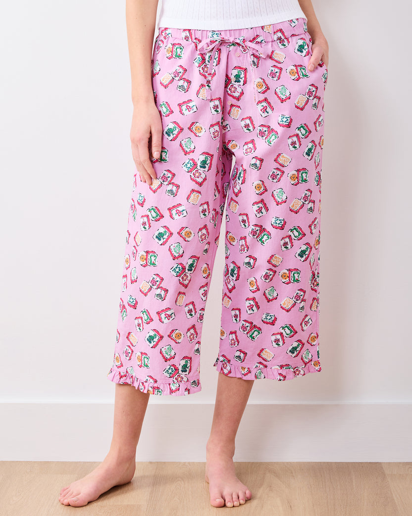 Lucky Tiles - Ruffle Cropped Pants - Peony Pink - Printfresh