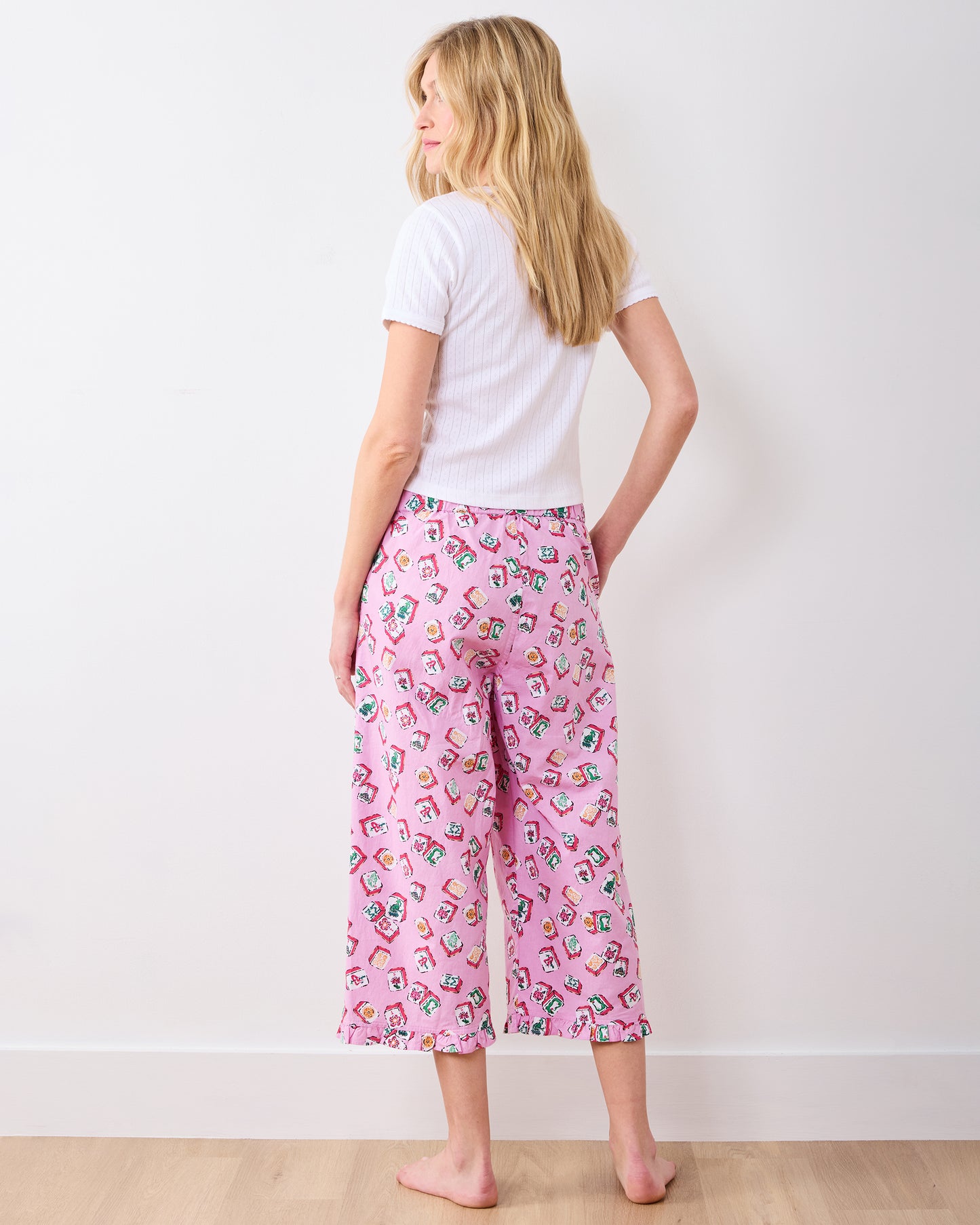 Lucky Tiles - Ruffle Cropped Pants - Peony Pink - Printfresh